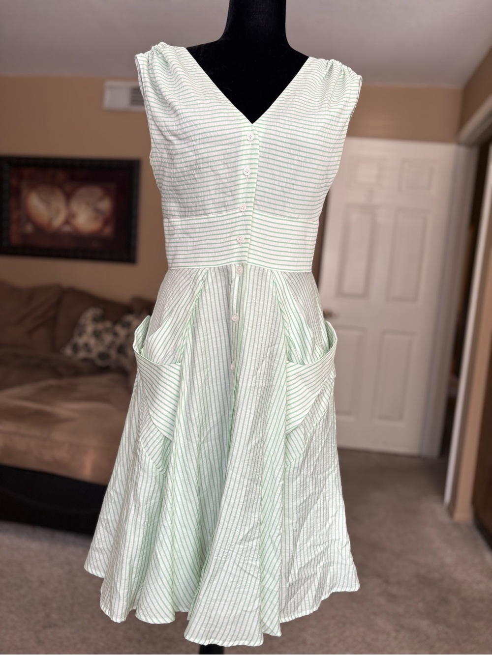 Sleeveless Mint Green Striped Midi Dress with Buttons by Calvin Klein